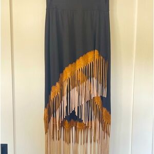 Stretch cotton high low skirt with fringe hem, size L